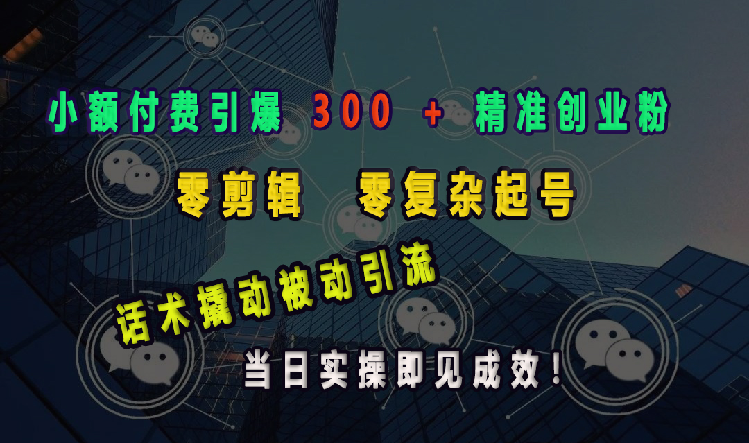 小额付费引爆 300 + 精准创业粉，零剪辑、零复杂起号，话术撬动被动引流，当日实操即见成效！-六道网创