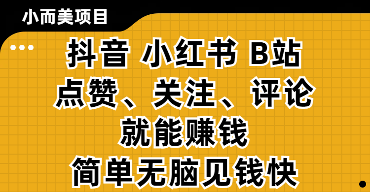 小而美的项目，抖音、小红书、B站视频点赞、关注、评论就能赚钱，简单无脑立见收益！妥妥的零撸项目-六道网创