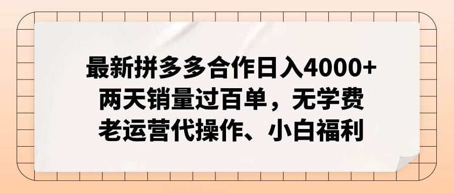 最新拼多多合作日入4000+两天销量过百单，无学费、老运营代操作、小白福利-六道网创