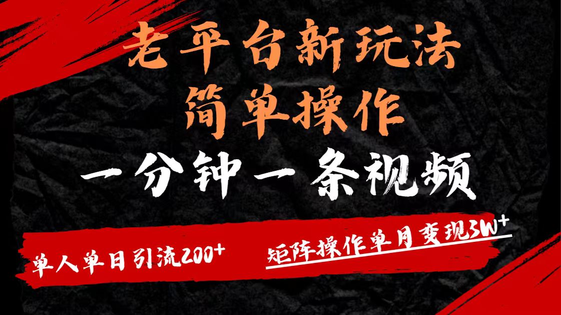 老平台，新玩法，简单操作，一分钟一条视频，单人单人引流200+矩阵操作，单月变现3W-六道网创