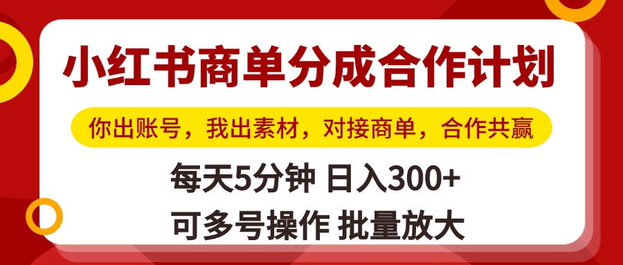小红书商单分成合作计划，你出账号，我出素材，对接商单，合作共赢，单号日入300+，可批量放大-六道网创