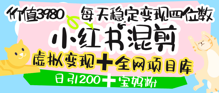 价值3980的小红书混剪， 虚拟变现 ＋全网项目库 ， 日引200+宝妈创业粉，每天稳定四位数变现-六道网创